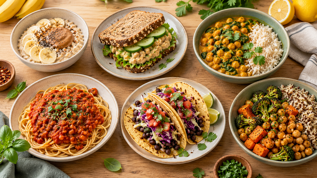 Plant-based meals including banana oats, chickpea sandwich, curry, lentil pasta, black bean tacos, and a quinoa bowl.